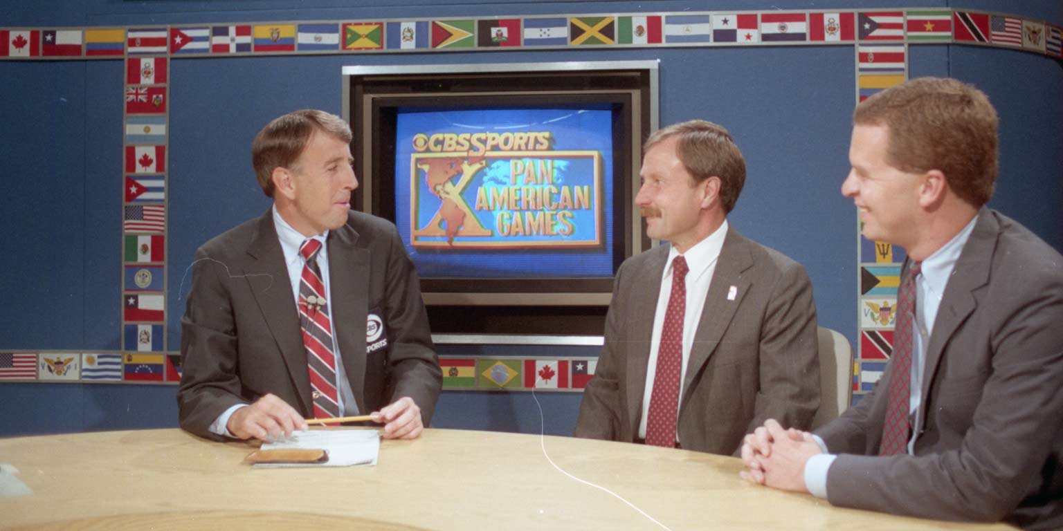 Former IUPUI Chancellor Gerald Bepko appearing on CBS Sports during the Pan American Games in 1987.