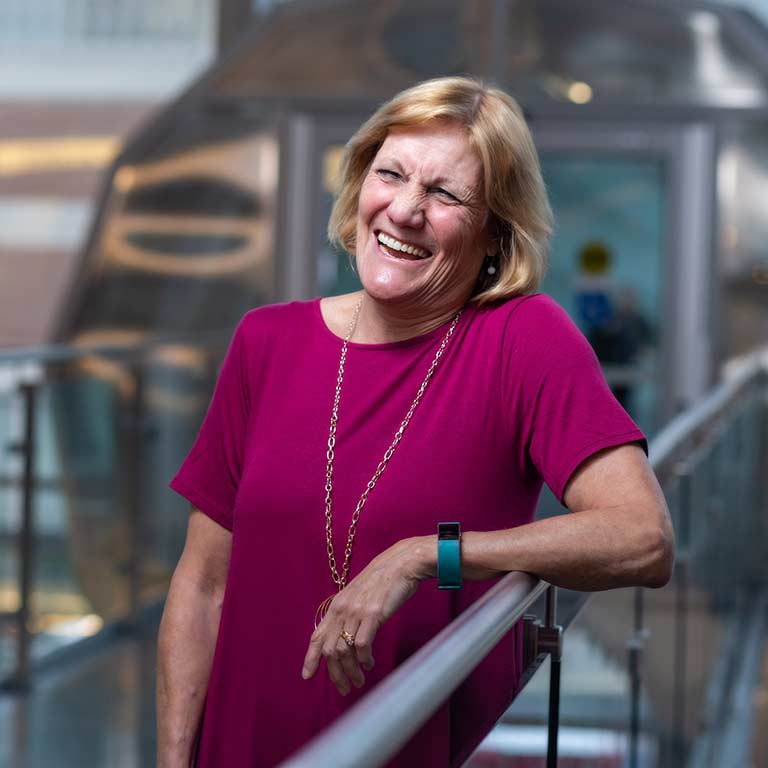 Cindy Harkness laughs in the Campus Center.