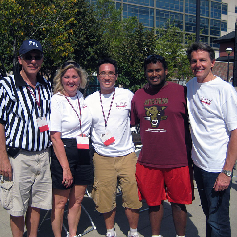 David Nguyen, center, with former IU McKinney School of Law Dean Gary Roberts, IU Trustee Mary Ellen Bishop, IUPUI alumnus Jacob Manaloor, and Michael Bishop